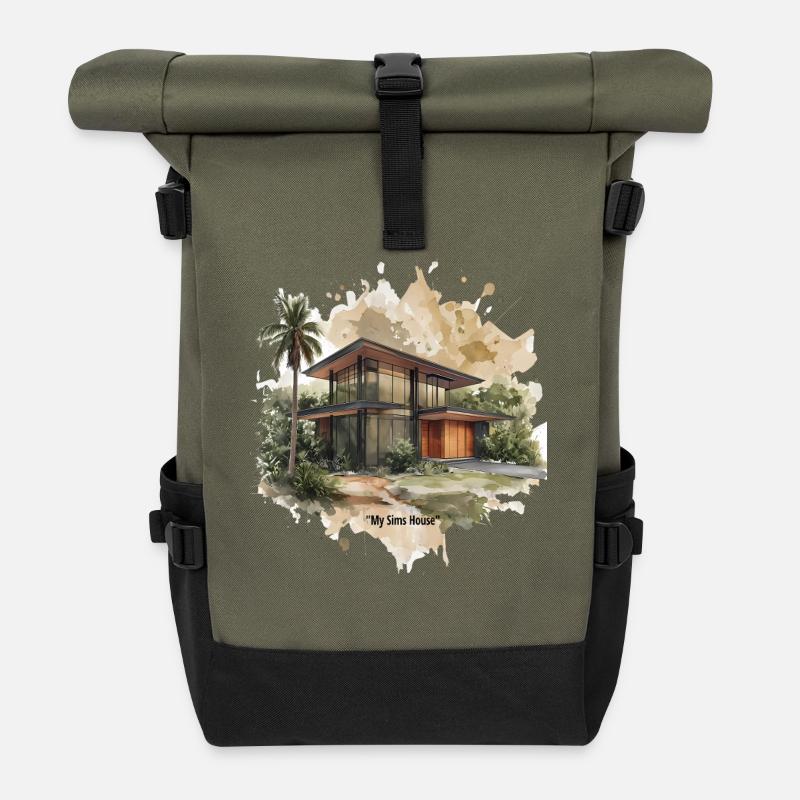 Sims Style Modernist Villa Watercolor - Roll Top Backpack - olive/black