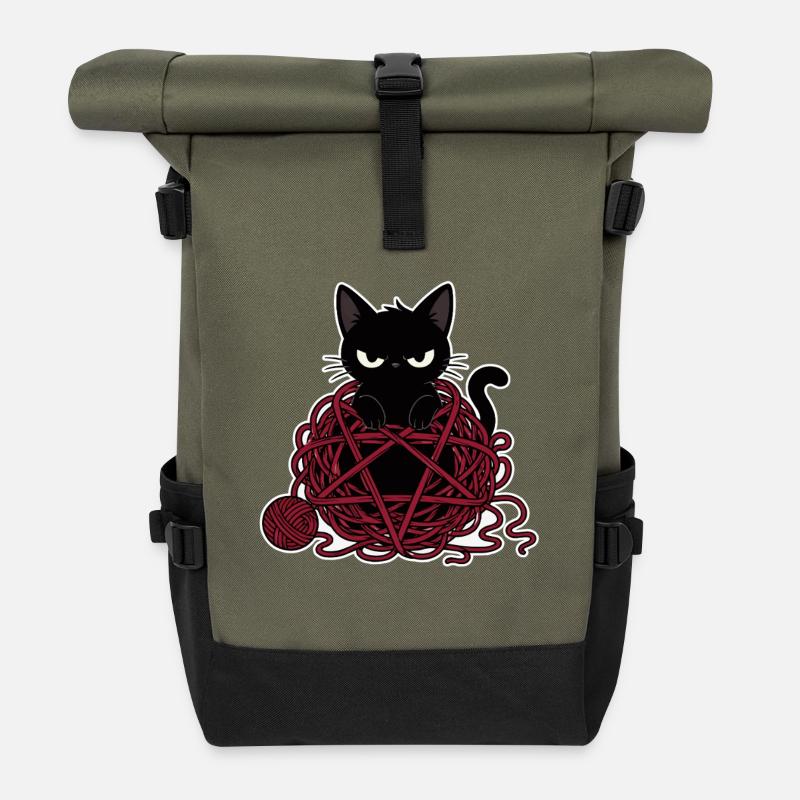 Black cat in a red ball of wool - Roll Top Backpack - olive/black