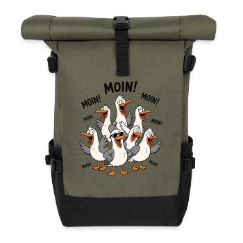 MOIN Möwen Chaos Küste Lustig Shirt - Rolltop Rucksack - Olive/Schwarz - Vorne