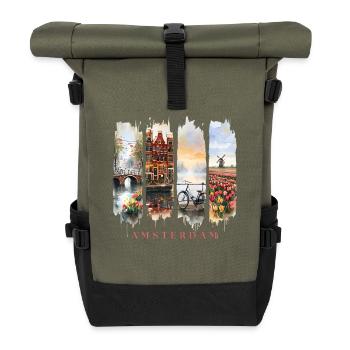 Amsterdam Design – Holland City Trip Motif - Roll Top Backpack - olive/black - Front