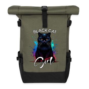 Grumpy Black Cat Girl Black Cat - Roll Top Backpack - olive/black - Front