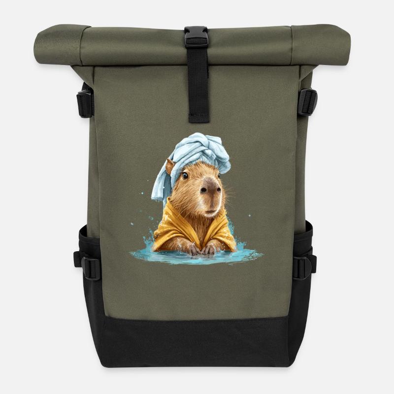 Kapybara en serviette de bain et peignoir - Sac à dos roll top - olive/noir