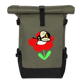 Rote Blume mit putzigen Bienchen - Rolltop Rucksack - Olive/Schwarz - Vorne