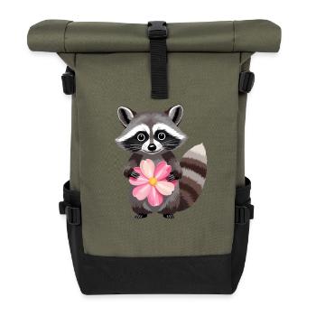 Kuschel Waschbär mit Blume - Rolltop Rucksack - Olive/Schwarz - Vorne