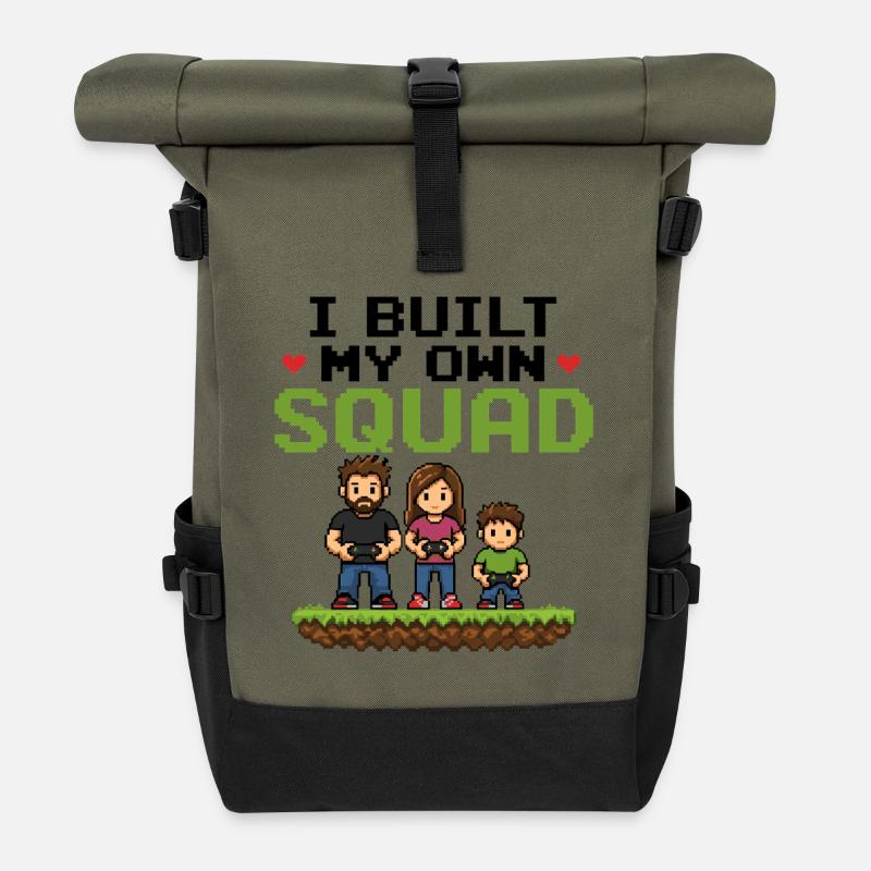 I Built My Own Squad - Pixel Art Gaming Family - Roll Top Backpack - olive/black