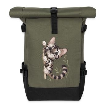 Neugierige Katze Mit Pflanzenmotiv - Rolltop Rucksack - Olive/Schwarz - Vorne