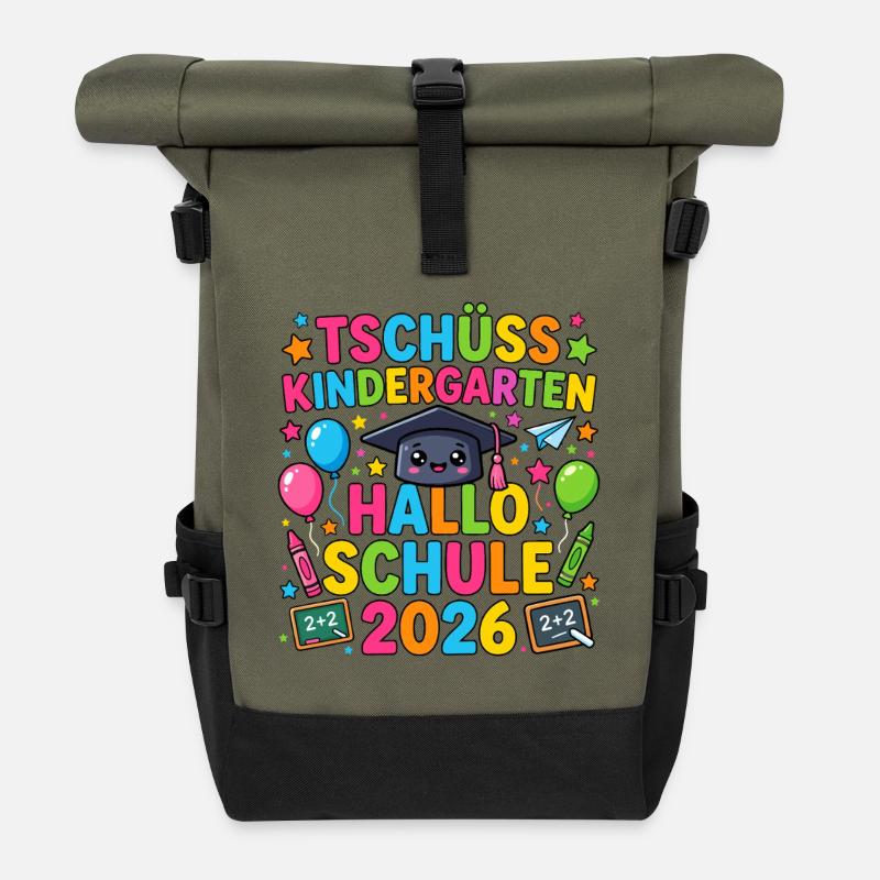 Tschüss Kindergarten Hallo Schule 2026 Einschulung - Rolltop Rucksack - Olive/Schwarz