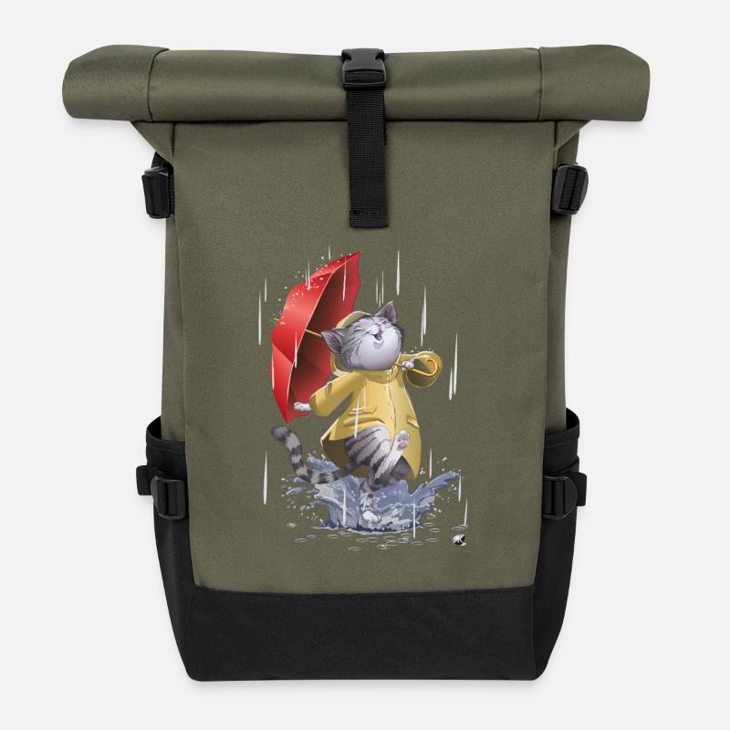 Chat en imperméable et parapluie - Sac à dos roll top - olive/noir