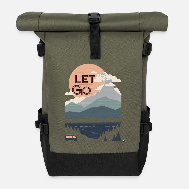 Sonne, Berge, Wald, See und Bus Lets go - Rolltop Rucksack - Olive/Schwarz