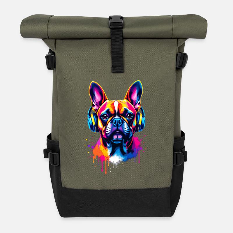 Bouledogue français Frenchie avec des écouteurs - Sac à dos roll top - olive/noir
