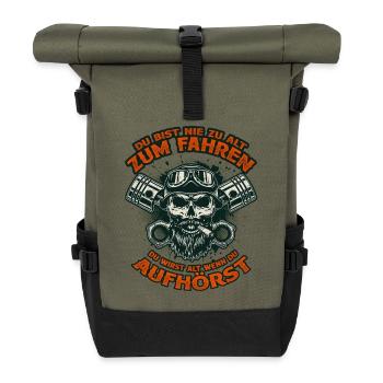Biker Totenkopf Nie Zu Alt Zum Fahren - Rolltop Rucksack - Olive/Schwarz - Vorne