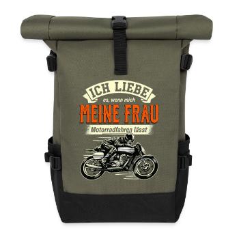 Ich Liebe Meine Frau Motorrad Biker Spruch - Rolltop Rucksack - Olive/Schwarz - Vorne