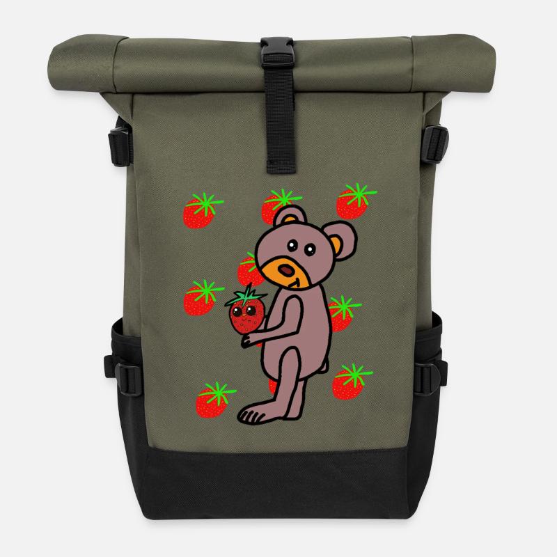 Strawberry Teddy Children's Bear - Roll Top Backpack - olive/black