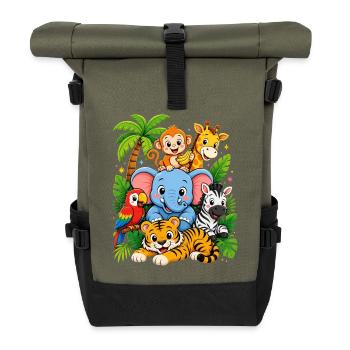 Jungle Animal Delight Cartoon - Roll Top Backpack - olive/black - Front