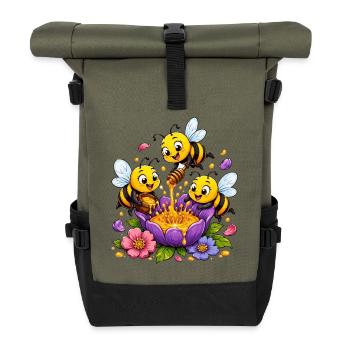 bee honey beekeeper honeycomb flowers meadow insect - Roll Top Backpack - olive/black - Front