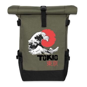 Tokyo, Japon, Asie, Mer, Vague, Montagne, Soleil Ville - Sac à dos roll top - olive/noir - Devant