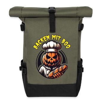 Halloween Kürbis mit Bäckermütze und Brot - Rolltop Rucksack - Olive/Schwarz - Vorne