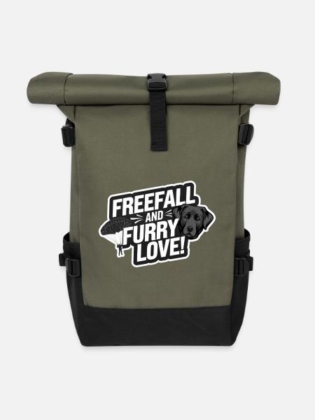 Freefall & Furry Love | Fallschirm Labrador Hund - Rolltop Rucksack - Olive/Schwarz