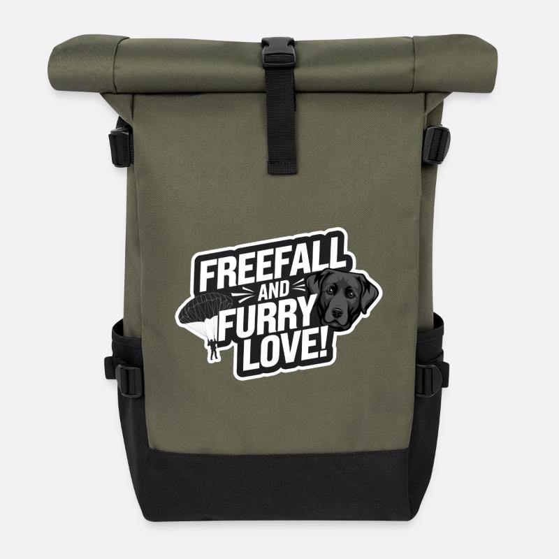 Freefall & Furry Love | Fallschirm Labrador Hund - Rolltop Rucksack - Olive/Schwarz