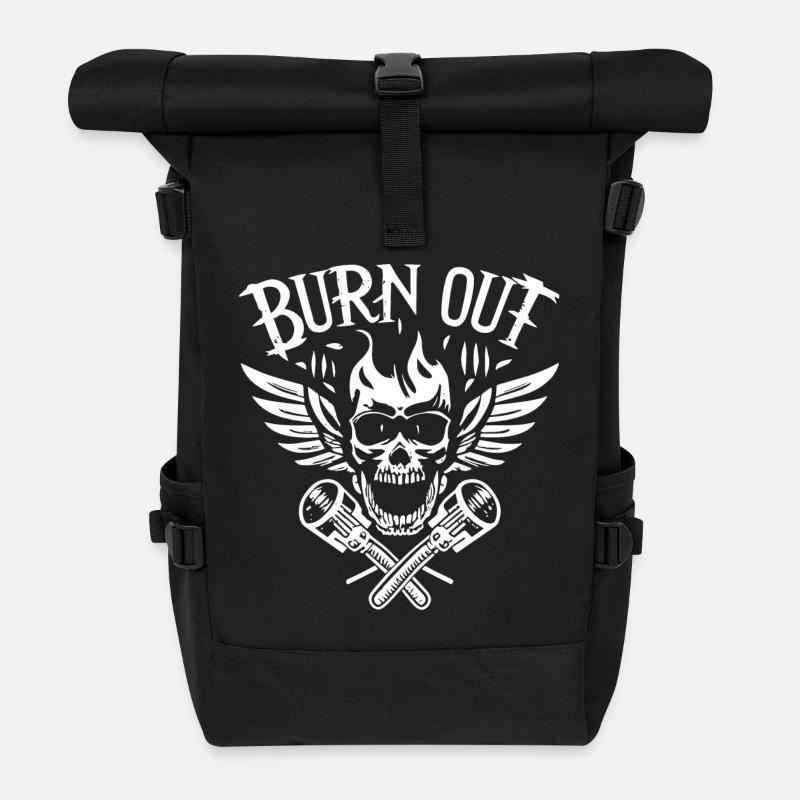 Burn Out Skull Wings Pistons - Roll Top Backpack - black