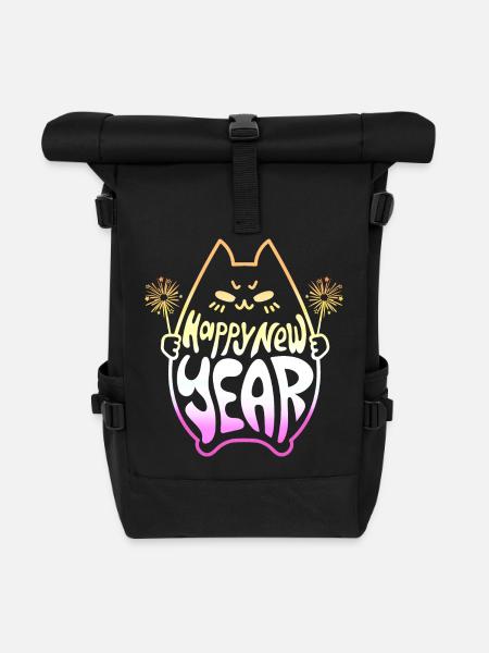 Happy New Year Cat #3 Frohes Neues Jahr Katze - Roll Top Backpack - black