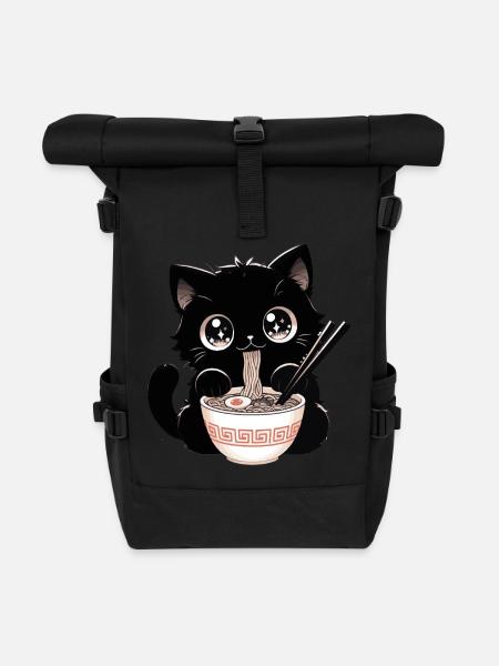 cute kawaii cat eats ramen anime gift - Roll Top Backpack - black
