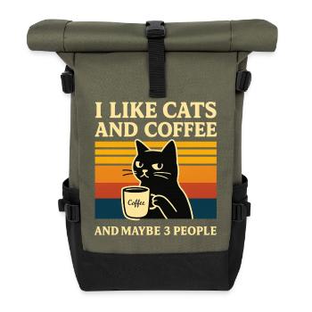 Retro Humor Ich mag Katzen & Kaffee Stubentiger - Rolltop Rucksack - Olive/Schwarz - Vorne