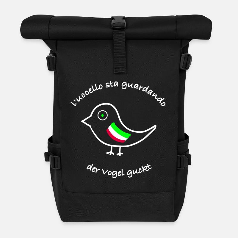 der Vogel guckt auf Italienisch/ Deutsch - Rolltop Rucksack - Schwarz