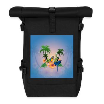 Tropisches Design mit Palmen und Papagei. - Rolltop Rucksack - Schwarz - Vorne