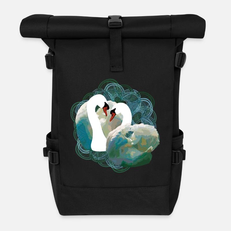 Elegante Schwanenpaar mit Flussmotiven - Rolltop Rucksack - Schwarz