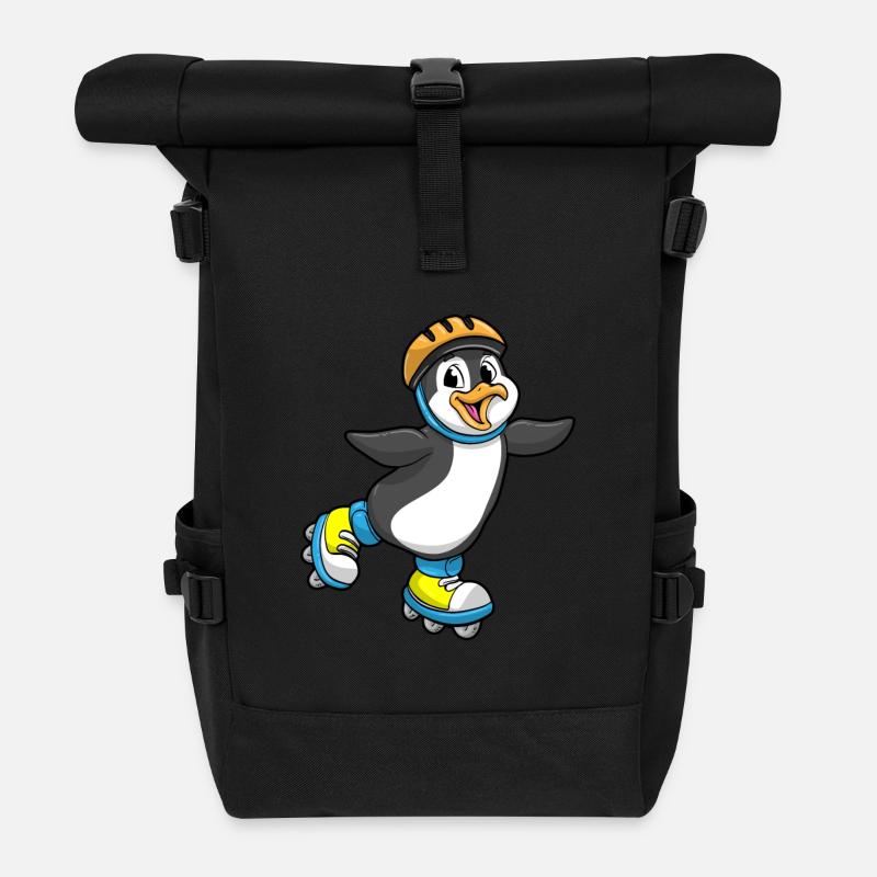 Pinguin als Inlineskater mit Inline Skates Helm - Rolltop Rucksack - Schwarz