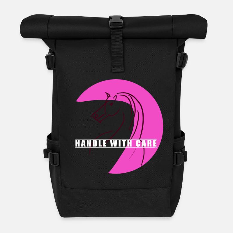 Pinkes Linienpferd mit Care-Band - Rolltop Rucksack - Schwarz