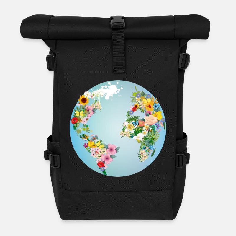 hellblaue Weltkugel mit Kontinente aus Blumen - Rolltop Rucksack - Schwarz