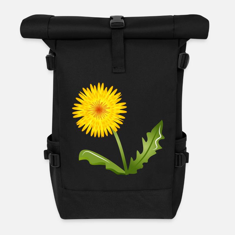 strahlend gelber Löwenzahn mit grünen Blättern - Rolltop Rucksack - Schwarz