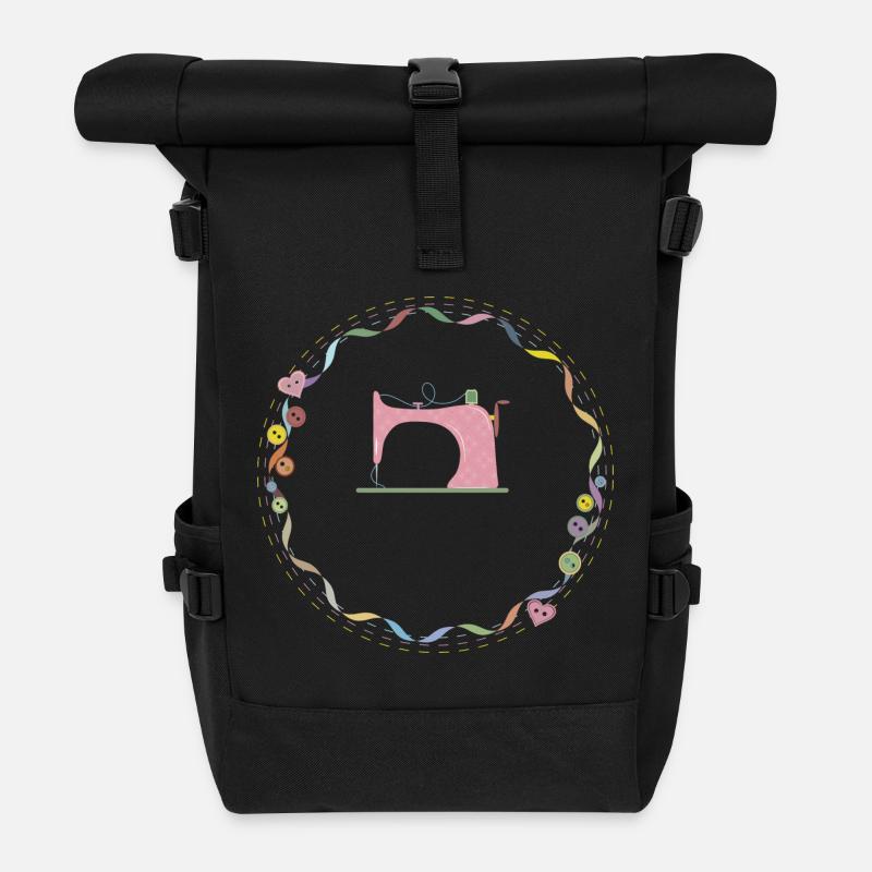 nostalgisch bunte Nähmaschine mit Knöpfe - Rolltop Rucksack - Schwarz