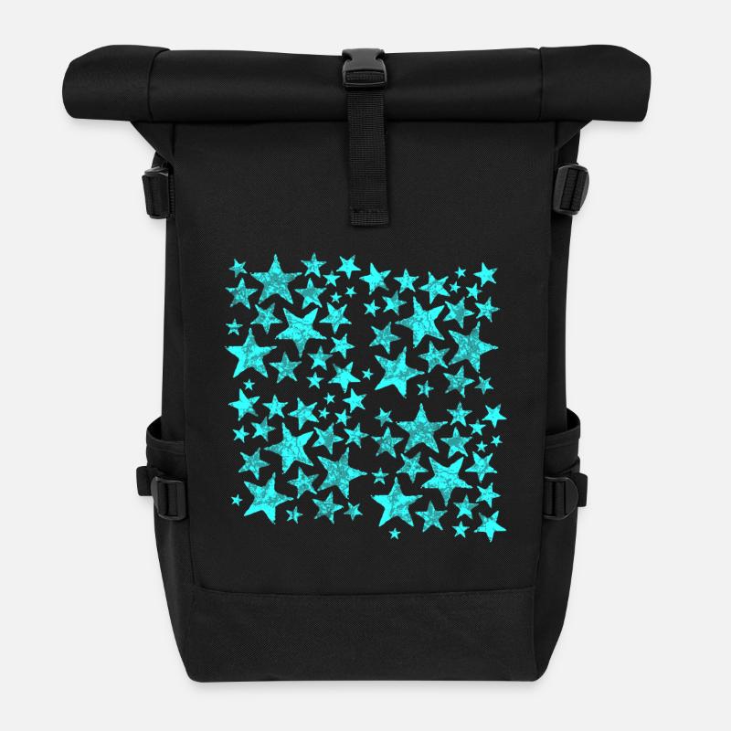 Leuchtende blaue Sternenmuster auf Schwarz - Rolltop Rucksack - Schwarz