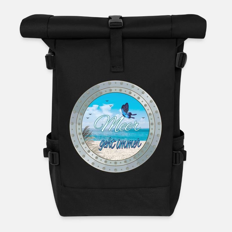 Meer geht immer – Strandlook - Rolltop Rucksack - Schwarz