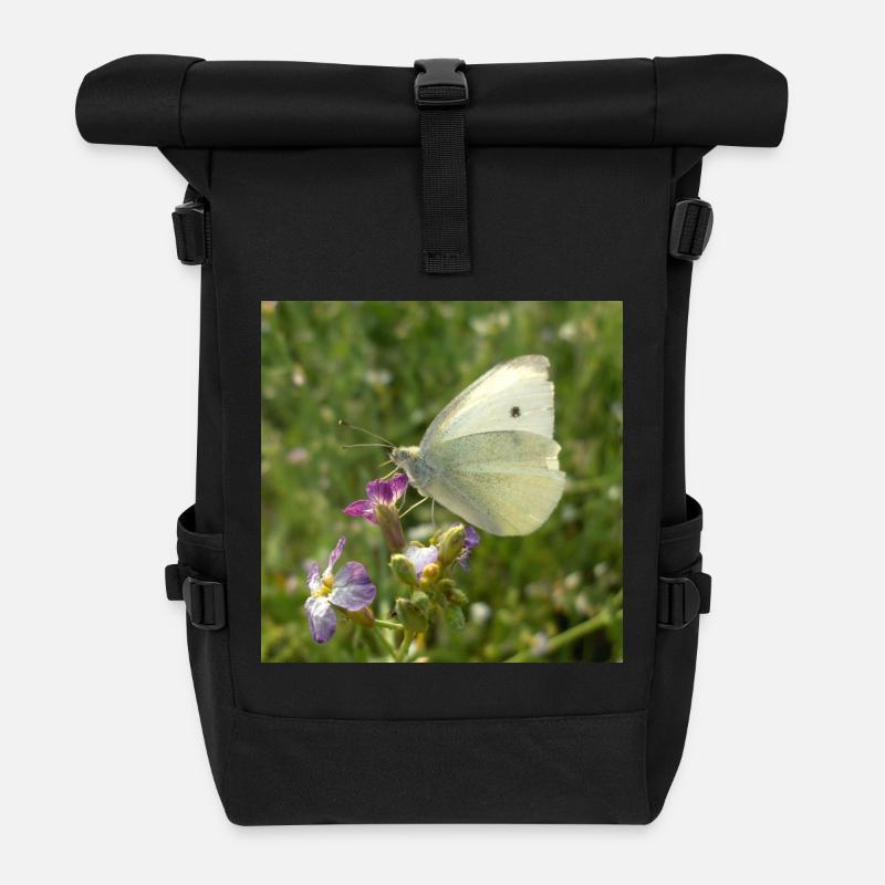 Weißer Schmetterling auf rosa Blüte - Rolltop Rucksack - Schwarz