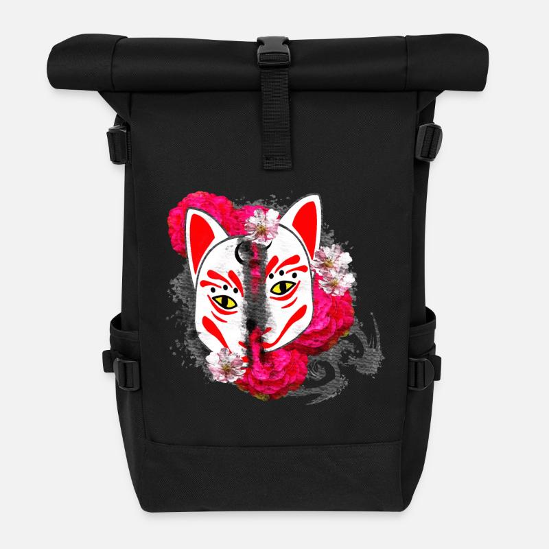 Blumenmuster japanisch, Kitsunemaske Hälften - Rolltop Rucksack - Schwarz