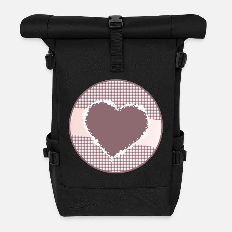 nostalgisches Etikett in Altrosa mit großen Herz - Rolltop Rucksack - Schwarz