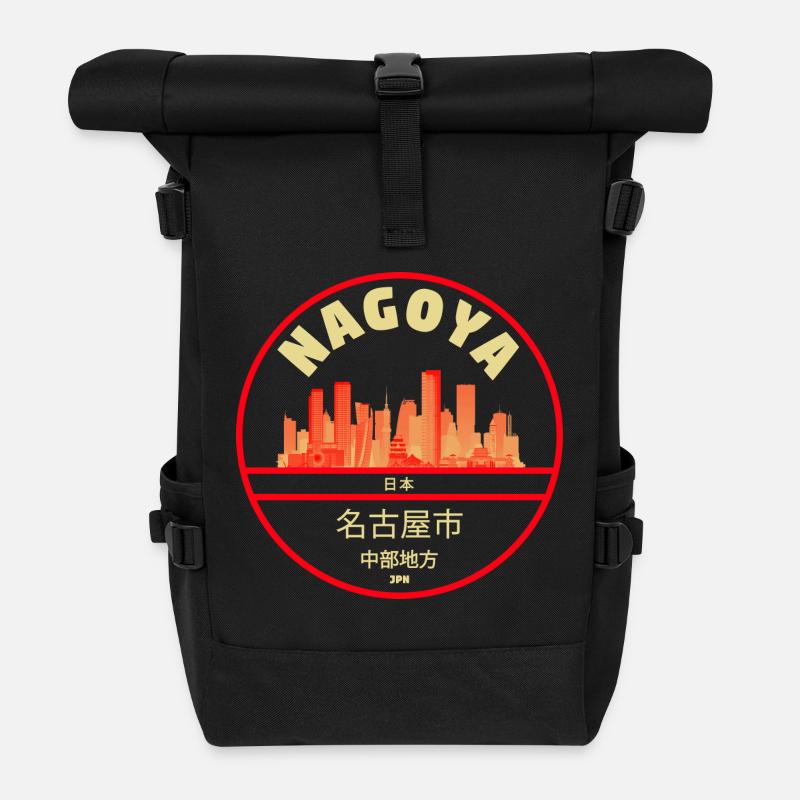 Nagoya Skyline City Motif - Roll Top Backpack - black