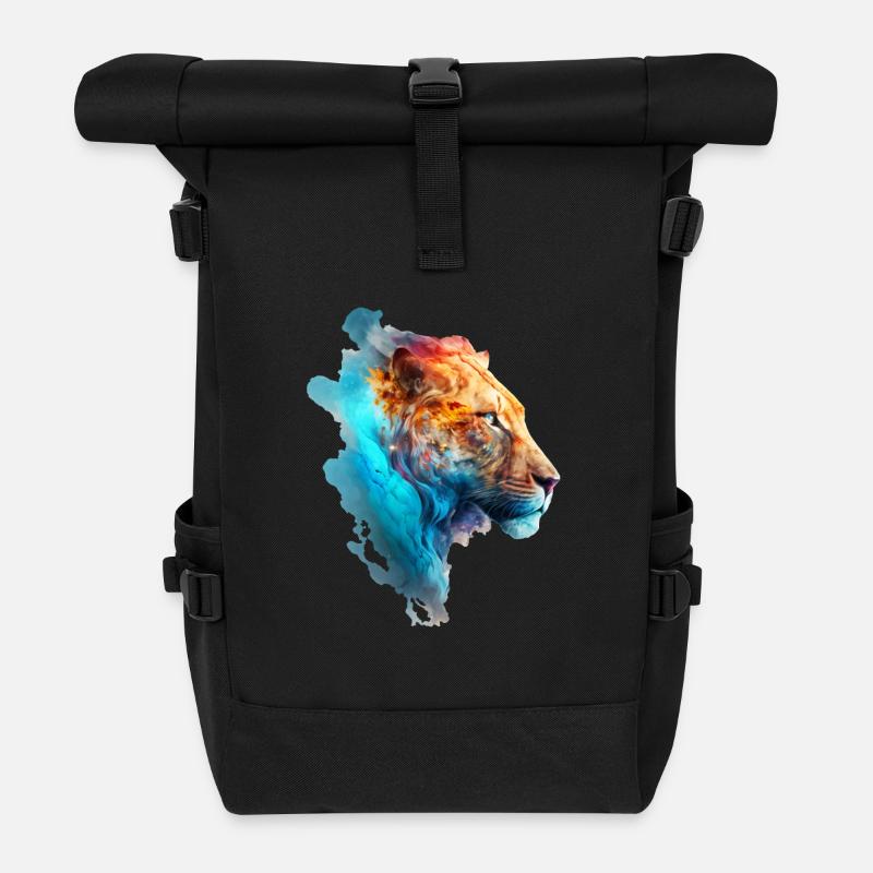 Wunderschöne bunte Löwin im blauen Rauch - Rolltop Rucksack - Schwarz