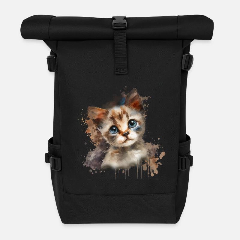 Watercolor Kitten on Bright Background - Roll Top Backpack - black