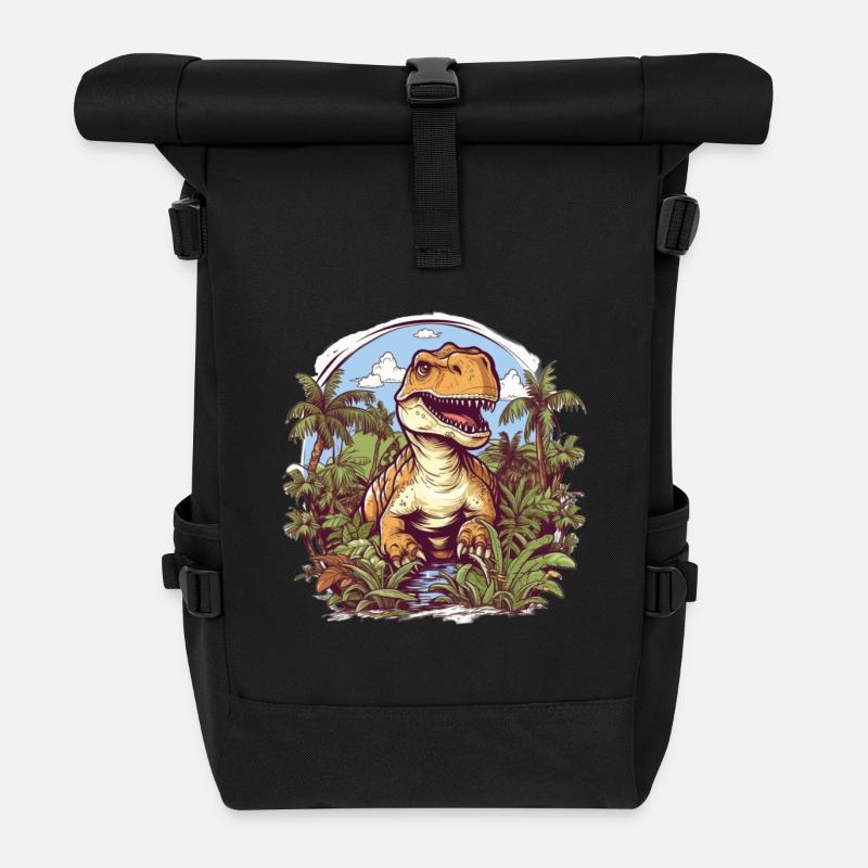 T-Rex Cartoon Jungle - Roll Top Backpack - black