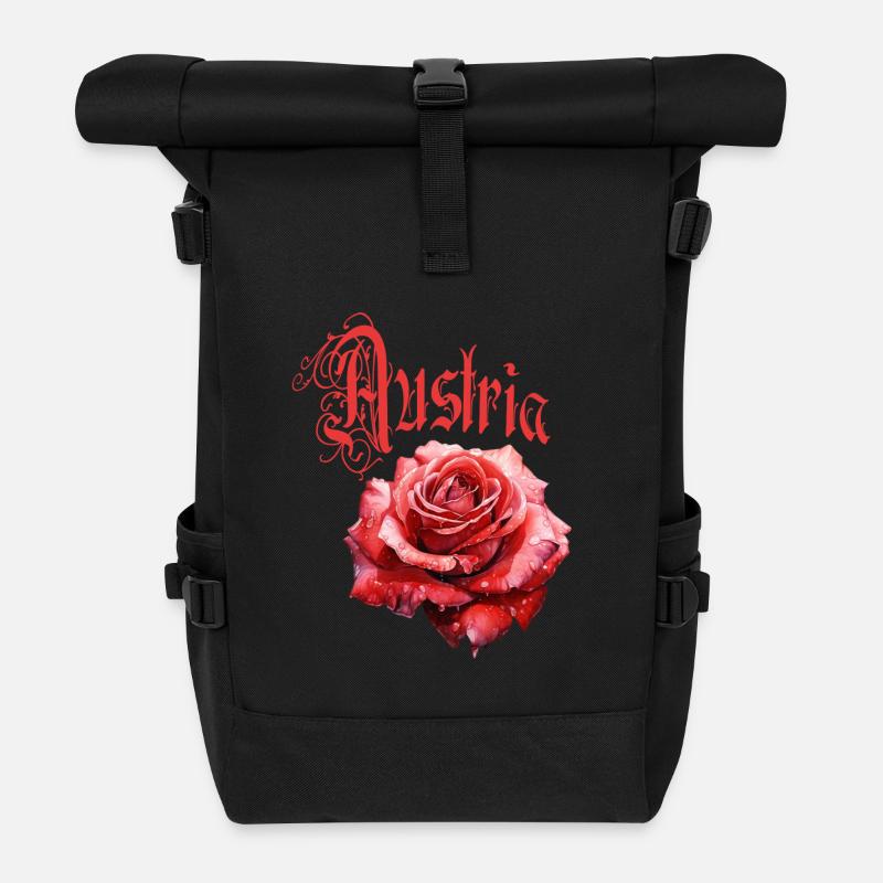 Austria Rose – Rote Blume - Vintage-Schrift - Rolltop Rucksack - Schwarz