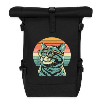 Retro Sunset Cat with Glasses - Roll Top Backpack - black - Front