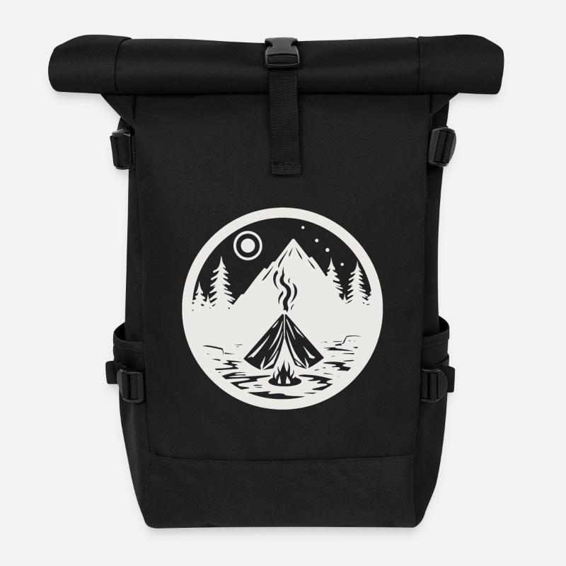 Camping, paysage avec des montagnes, des arbres comme autocollants - Sac à dos roll top - noir