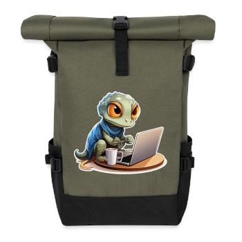 Cute Gecko Internet Coffee Nerd Funny Shirt - Roll Top Backpack - olive/black - Front