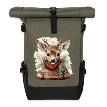 Hirsch im Winterpullover - Rolltop Rucksack - Olive/Schwarz - Vorne