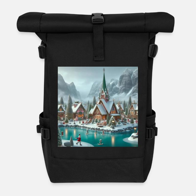 Scandinavian Christmas Village - Roll Top Backpack - black